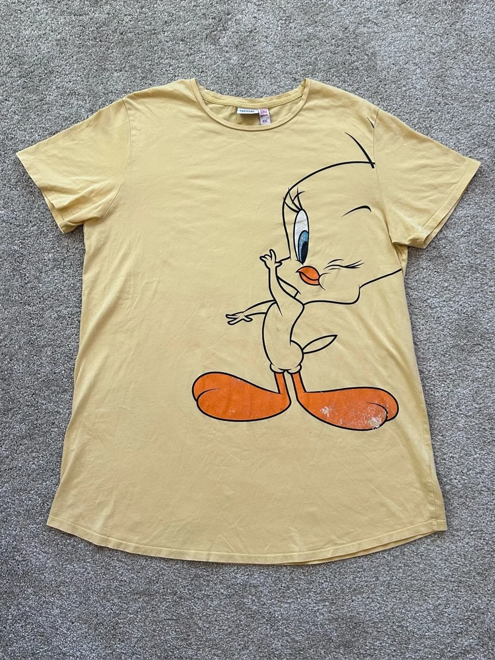 Mens Looney Tunes DeFacto Tweety Bird Graphic T-Shirt Yellow Curved Hem Size XXL - Picture 2 of 9